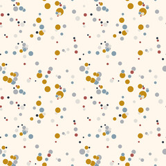 Abstract seamless pattern with colorful chaotic small circles. Infinity dotted messy geometric pattern. Random polka dot. Vector illustration. - 383101000