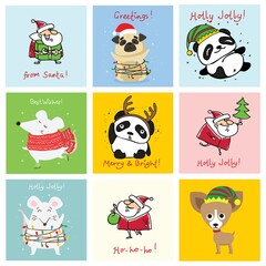 Vector illustration of christmas cats, pigs, rats and dogs with Christmas and new year greetings.