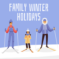 Family winter holidays with parents and child skiing, flat vector illustration.