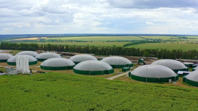 Modern biofuel factory. Aerial view on biofuel plant. Ecological production. Bio gas station. Video from above.