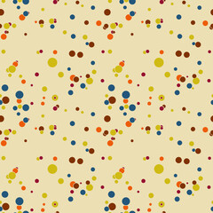 Abstract seamless pattern with colorful chaotic small circles. Infinity dotted messy geometric pattern. Random polka dot. Vector illustration.