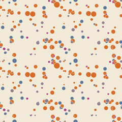 Abstract seamless pattern with colorful chaotic small circles. Infinity dotted messy geometric pattern. Random polka dot. Vector illustration.