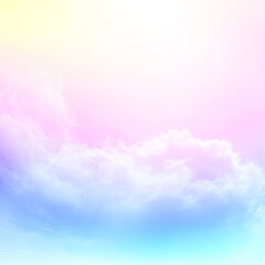 Fototapeta na wymiar Colorful sky with Soft clouds. Fantasy magical sunny sky pastel background is fluffy white cloud. Freedom wallpaper concept. Sweet color dream.