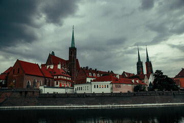 Wroclaw old city from the river and view on the cathedral