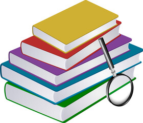 Illustration of stack of books with magnifier