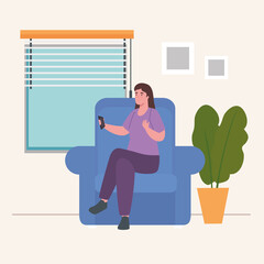 woman on chair with control at home design of Activity and leisure theme Vector illustration
