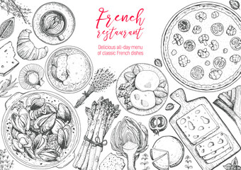 French cuisine top view frame. A set of classic French dishes with quiche lorraine, mussels, poached eggs, onion soup, bakery. Food menu design template. Hand drawn sketch vector illustration.