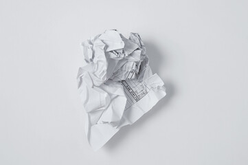Crumpled paper document receipt  service invoice. White background.