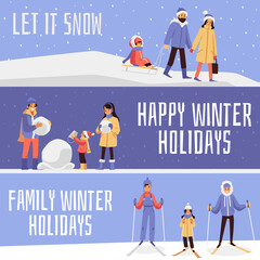 Set of banners for family winter holidays with people flat vector illustration.