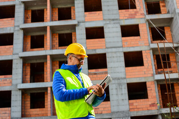 Side view of a concentrated mature civil engineer working on a laptop, tablet at a building site