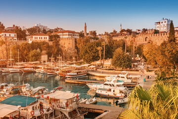 Idyllic landscape view of the old city of Antalya and the Bay with the port and yachts. Popular tourist Turkish resort and Riviera