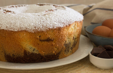 chiffon cake with chocolate and powdered sugar