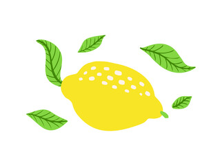 Fresh lemon fruits with branch and leaves. Cartoon style, flat icon. Vector illustration isolated on white background. Print for packaging, template for web.