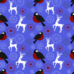 Vector seamless pattern with birds, snowflakes and deer on blue background in vintage style for fabrics, paper, textile, gift wrap