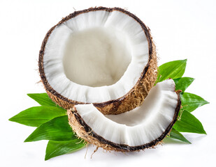 Split coconut fruit with whole inside seed isolated on white background.