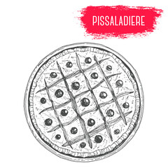 Pissaladiere hand drawn vector illustration. French cuisine dish. Design sketch element.