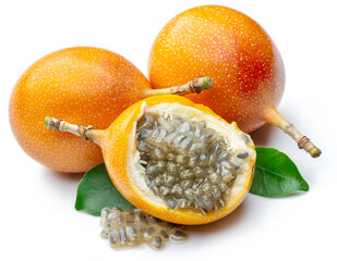 Granadilla with leaves and passion fruit half isolated on a white background.