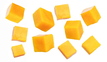 Set of mango cubes isolated on a white background.