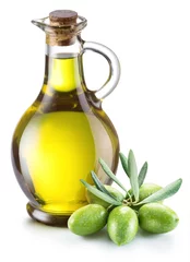 Poster Green natural olives with bottle of olive oil isolated on a white background. © volff