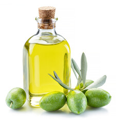 Green natural olives with bottle of olive oil isolated on a white background.
