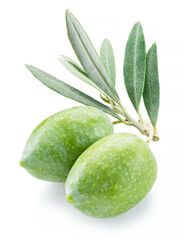 Two green natural olives isolated on a white background.
