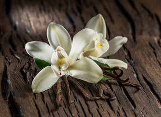 Obraz na płótnie Canvas Dried vanilla sticks and vanilla orchid on wooden table.