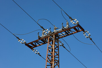 Electric lines overhaead, power line against bles sky