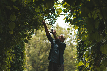 Senior man explore nature, photographs the leaves of the creeper in the arch.