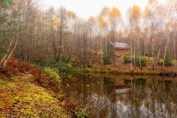 Misty late fall landscape, wild lake in the autumn forest with reflection in the calm water