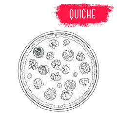 Quiche hand drawn vector illustration. French cuisine dish. Design sketch element.