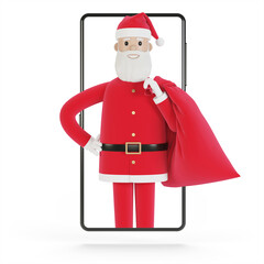 Santa Claus delivers gifts, online gifts to people. Smartphone screen with Santa Claus. Online shopping, delivery. 3D illustration in cartoon style.