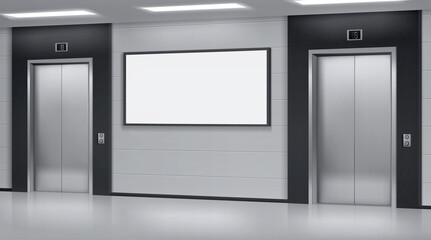Realistic elevators with close doors and ad poster screen on wall, perspective view mockup. Office or modern hotel hallway, empty lobby interior with lifts and blank display, 3d vector illustration