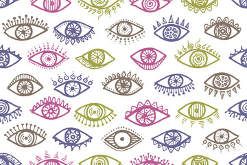 Hand drawn human eyes colorful seamless pattern. 