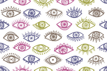 Naklejka premium Hand drawn human eyes colorful seamless pattern. 