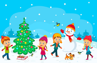kids, boys and girls play in winter, illustration, vector