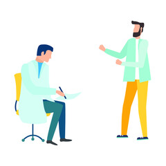 session with a doctor, a man tells the doctor his complaints, vector illustration