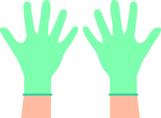 Obraz premium Hands putting on protective blue gloves. Latex gloves as a symbol of protection against viruses and bacteria. Precaution icon. Vector illustration flat design. Isolated on white background.