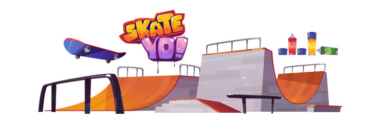 Skate park ramps, skateboard and graffiti letters isolated on white background. Vector cartoon set of stadium with track for roller board. Playground for extreme sport activity © klyaksun