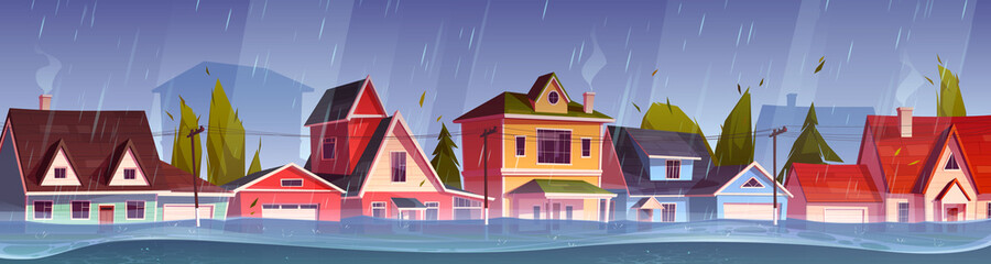Flood in town, river water stream flow at city street with cottage houses. Natural disaster with rain and storm at countryside area with flooded buildings, climate change. Cartoon vector illustration