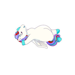 Pretty Pegasus is lying in Cartoon design style, vector stock illustration on white isolated background, concept of Greek Mythology and Fairytales, Magical Creatures, Cartoon Characters, also Magic.