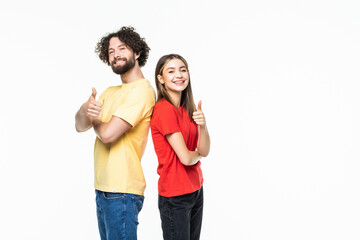 Fototapeta premium happy couple love excited smiling holding thumb up gesture, isolated over white background