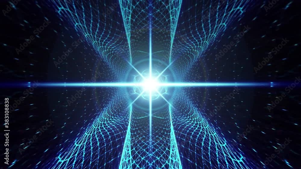 Poster abstract radiating neon blue light optical flare spot light with futuristic matrix wire frame vj loo