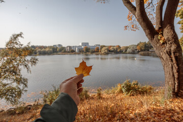 Beautiful autumn landscape of Helsinki on a sunny day, in the foreground a hand holds a maple leaf.