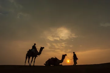 Deurstickers Man and a camel walking across sand dunes in Jaisalmer, Rajasthan, India. © Chetan Soni