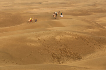 Fototapeta na wymiar Man with camel walking across sand dunes in Jaisalmer, Rajasthan, India.
