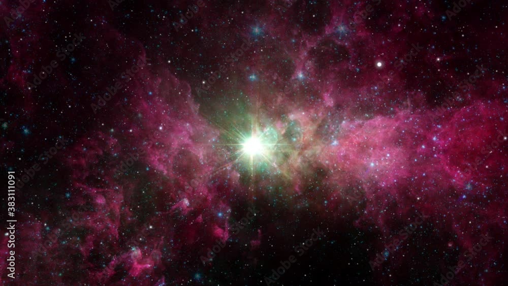 Poster seamless loop space flight into star field of carina nebula with center glowing and rotating star. 4