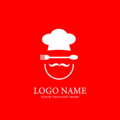 Chef hat with iconic mustache, spoon and fork. isolated mustache