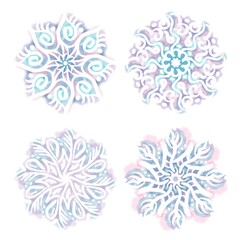Set of watercolour snowflakes. Various hand-painted elements