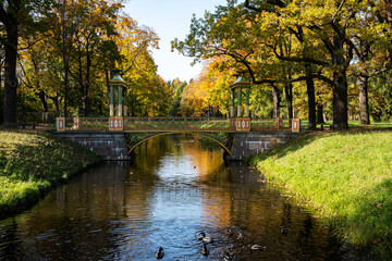 Fototapeta na wymiar Small Chinese bridges in Saint Petesburg,Tsarskoe Selo, Russia. Golden autumn in the park.