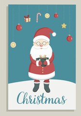 Christmas illustration with a blue background. Postcard with Santa Claus.